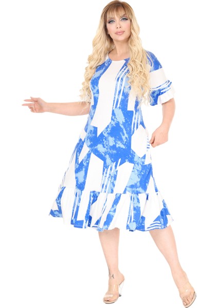 Butik Fırfırlı Mavi Vintage Desen Cepli Büyük Beden Elbise