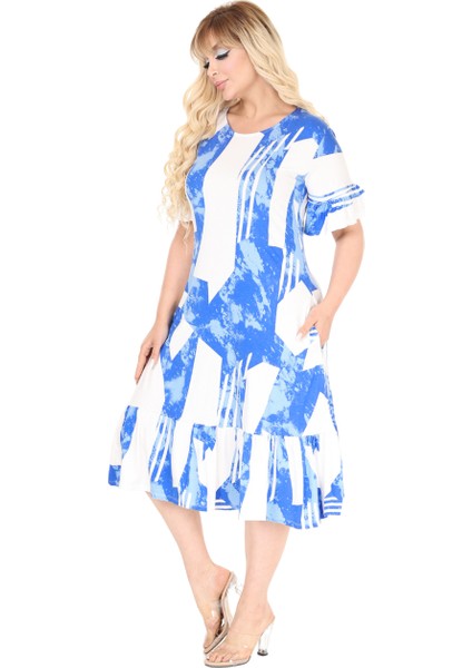 Butik Fırfırlı Mavi Vintage Desen Cepli Büyük Beden Elbise modelleri
