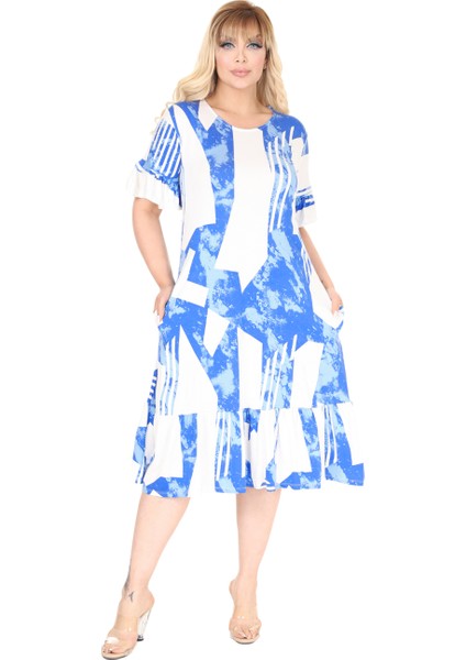 Butik Fırfırlı Mavi Vintage Desen Cepli Büyük Beden Elbise fırsatları