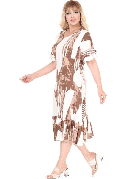 Butik Fırfırlı Kahve Vintage Desen Cepli Büyük Beden Elbise fiyatları