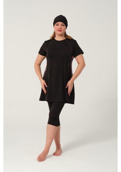 Kadın Desenli Hızlı Kuruyan Yarı Kapalı Tesettür Mayo 2523-25 Siyah