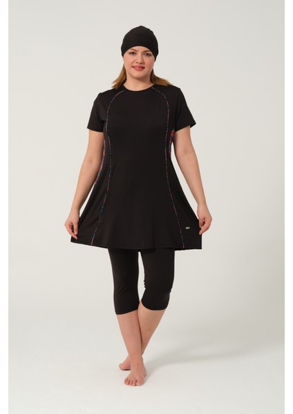 Kadın Desenli Hızlı Kuruyan Yarı Kapalı Tesettür Mayo 2523-25 Siyah modelleri