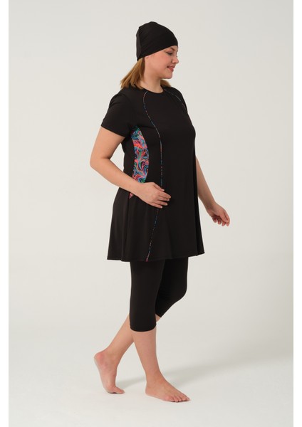 Kadın Desenli Hızlı Kuruyan Yarı Kapalı Tesettür Mayo 2523-25 Siyah indirimleri