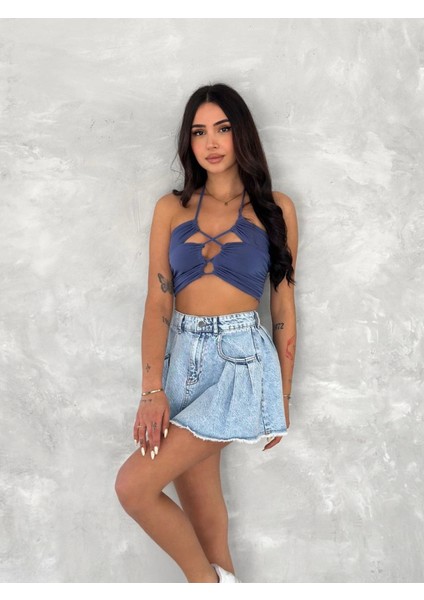 Kot Jeans Kesimetrik Kesim Cepli Şortlu Etek - Mavi