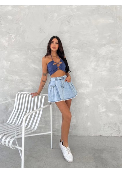 Kot Jeans Kesimetrik Kesim Cepli Şortlu Etek - Mavi