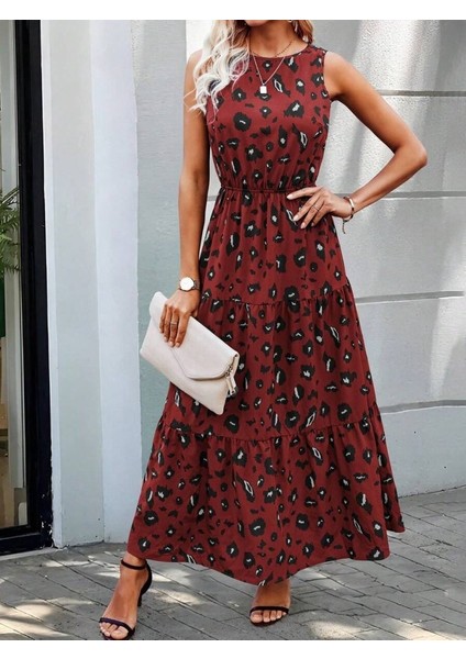 Kadın Kolsuz Bisiklet Yaka Beli Lastikli Desenli Süprem Elbise