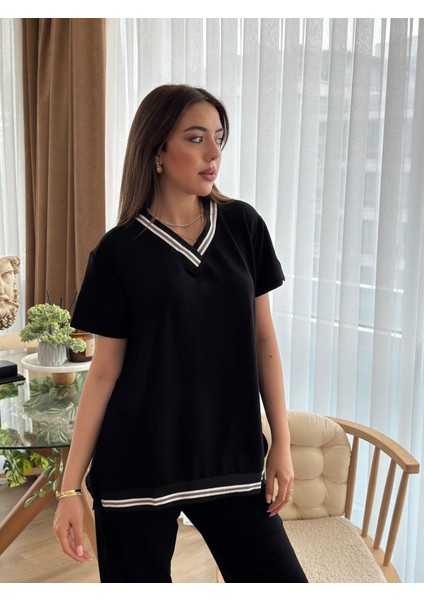 Kadın Kısa Kollu V Yakalı Iki Iplik Bluz ve Pantolon Ikili Takım
