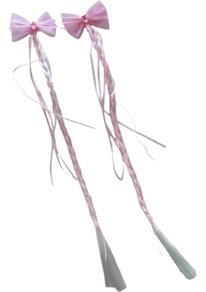 Pembe Renk Kurdeleli Örgü Saçlı Ikili Yan Toka