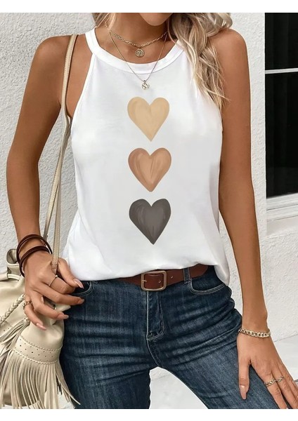 Kadın Omuzlardan Açık Boyundan Askılı Kalp Baskılı Viskon Bluz