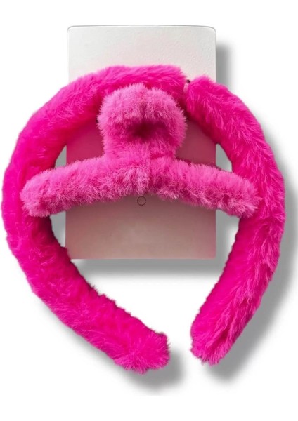 Koyu Pembe Renk Peluş Mandal Toka ve Taç Set