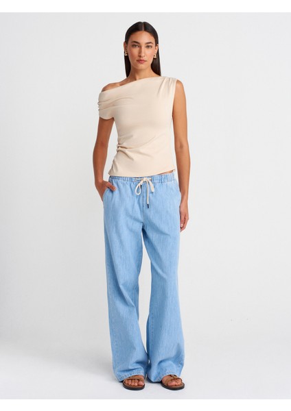 72007 Beli Lastikli Ince Denim Pantolon-Mavi