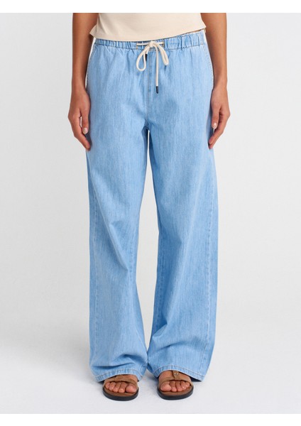 72007 Beli Lastikli Ince Denim Pantolon-Mavi fırsatları