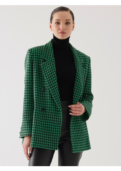 Kazayağı Desen Kruvaze Yeşil Oversize Blazer Ceket modelleri