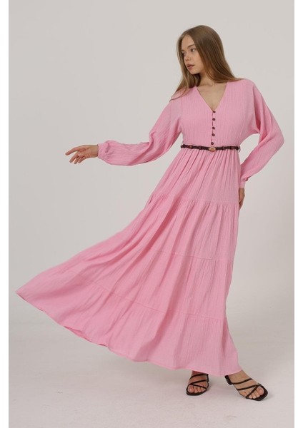 Önü Yarım Düğmeli Uzun Kol Kemerli Elbise - Pembe