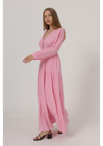 Önü Yarım Düğmeli Uzun Kol Kemerli Elbise - Pembe