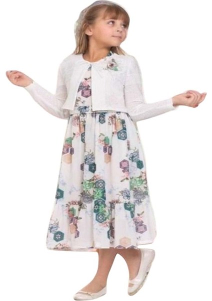 Kids G01640-902 Kız Çocuk Şifon Çicekli Bolero Takım Elbise - Gülücük - Mavi - ST01640-MAVI-9 Yaş