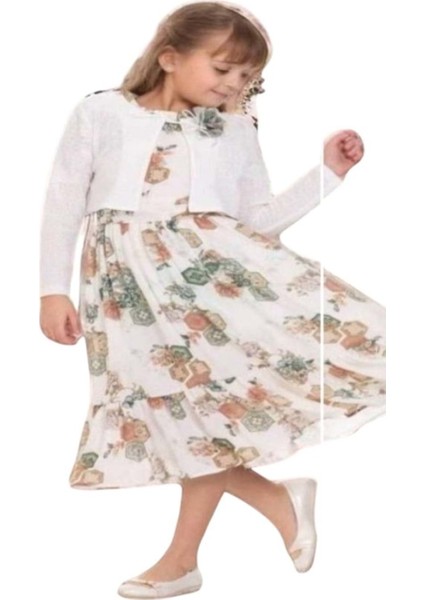 Kids G01640-902 Kız Çocuk Şifon Çicekli Bolero Takım Elbise - Gülücük - Yeşil - ST01640-YEŞIL-11 Yaş