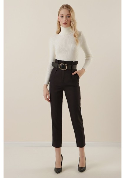 6556 Kemerli Kumaş Pantolon - Siyah