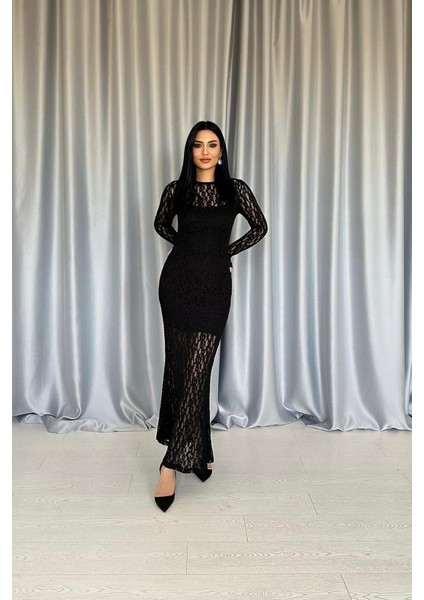 Aknbutik Siyah Dantelli Uzun Kollu Elbise