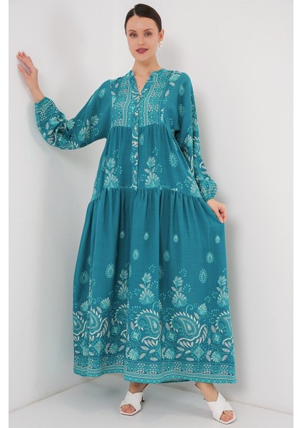 2423 Otantik Desenli Tesettür Elbise - B.turkuaz modelleri