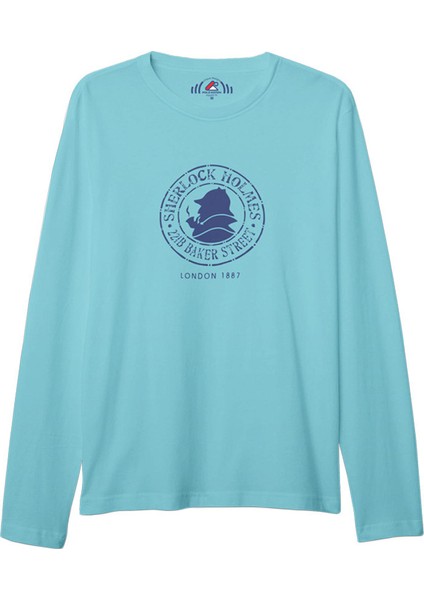 Unisex Bisiklet Yaka Sherlock Holmes Baskılı Turkuaz Sweatshirt – 1. Sınıf %100 Pamuk Iplikten, Yumuşak Dokulu, Spor ve Gündelik Giyime Uygun