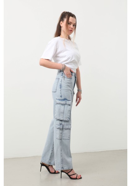Kargo Cepli Jean Pantolon Buz Mavi