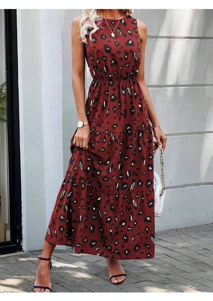 Kadın Kolsuz Bisiklet Yaka Beli Lastikli Desenli Süprem Elbise fiyatları