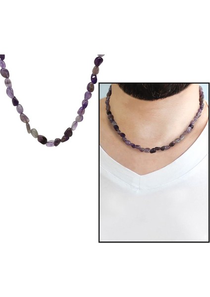 Silver Renk Metal Zincirli Amorf Ametist Doğaltaş Erkek Kolye modelleri