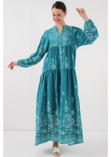 2423 Otantik Desenli Tesettür Elbise - B.turkuaz