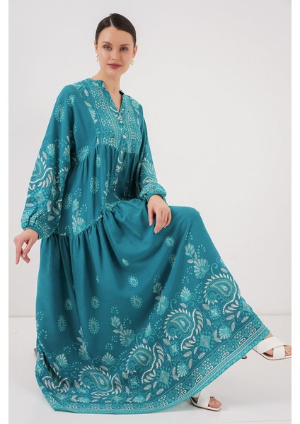 2423 Otantik Desenli Tesettür Elbise - B.turkuaz fiyatları