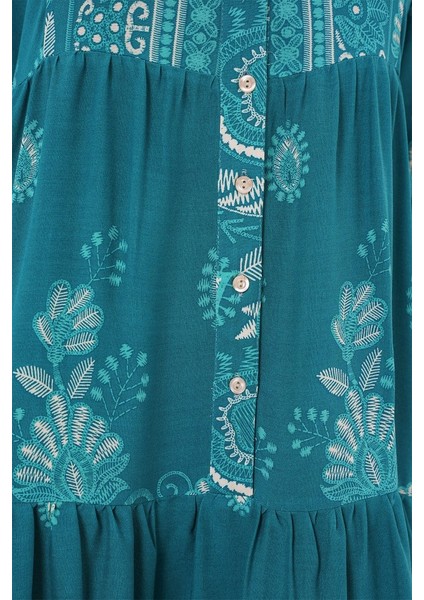 2423 Otantik Desenli Tesettür Elbise - B.turkuaz fırsatları