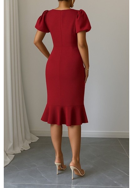 Kadın Kısa Kollu Yuvarlak Yaka Pileli Janjan Krep Elbise modelleri