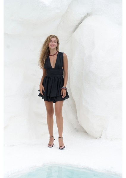 Zaneta Korsaj Detaylı Siyah Keten Mini Elbise modelleri