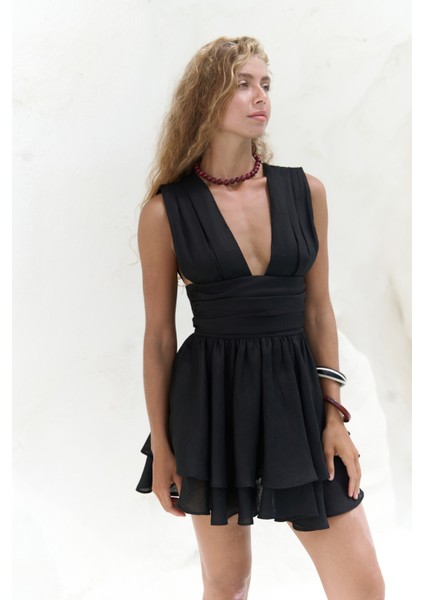 Zaneta Korsaj Detaylı Siyah Keten Mini Elbise fırsatları