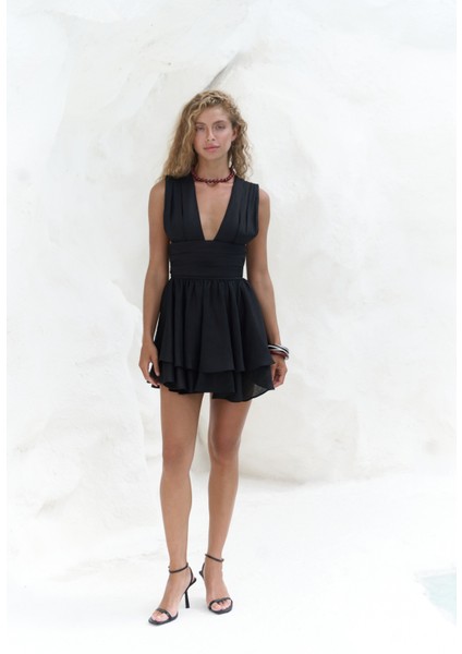 Zaneta Korsaj Detaylı Siyah Keten Mini Elbise indirimleri