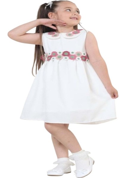 Kids G01631-433 Kız Çocuk Keten Jile Elbise - Gülücük - Pembe - ST01631-PEMBE-8 Yaş