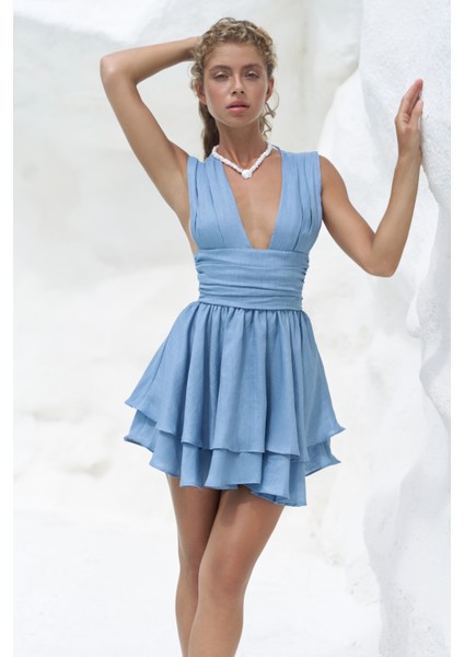 Zaneta Korsaj Detaylı Mavi Keten Mini Elbise fiyatları