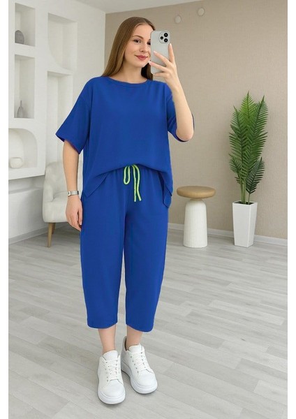 Kadın Kısa Kollu Bisiklet Yaka Viskon Iki Iplik Bluz ve Pantolon Ikili Takım
