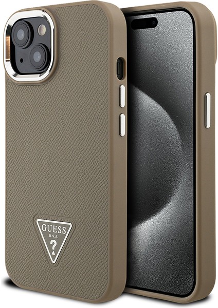 Apple iPhone 15 Kılıf Guess Orjinal Lisanslı M-Safe Şarj Özellikli Grained Triangle Kapak Kahverengi