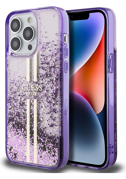 Apple iPhone 14 Pro Max Kılıf Guess Orjinal Lisanslı Transparan Sıvılı Simli Altın Çizgili Kapak Mor