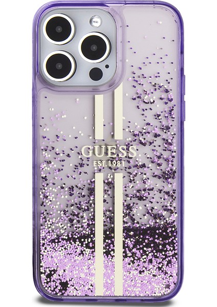 Apple iPhone 14 Pro Max Kılıf Guess Orjinal Lisanslı Transparan Sıvılı Simli Altın Çizgili Kapak Mor fiyatları