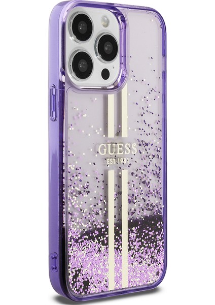 Apple iPhone 14 Pro Max Kılıf Guess Orjinal Lisanslı Transparan Sıvılı Simli Altın Çizgili Kapak Mor modelleri