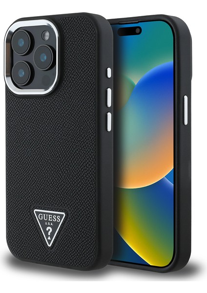 Apple iPhone 14 Pro Max Kılıf Guess Lisanslı M-Safe Şarj Özellikli Grained Triangle Kapak Siyah