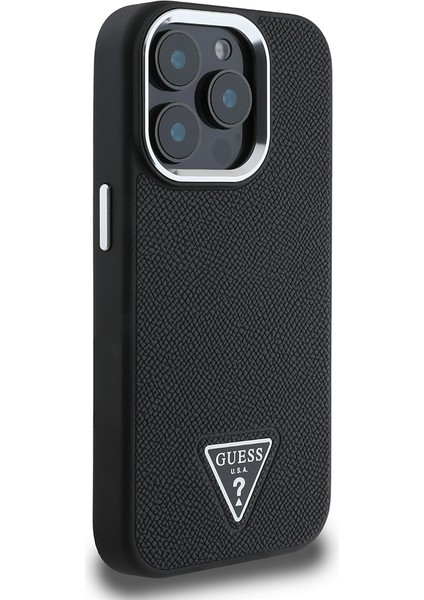 Apple iPhone 14 Pro Max Kılıf Guess Lisanslı M-Safe Şarj Özellikli Grained Triangle Kapak Siyah modelleri