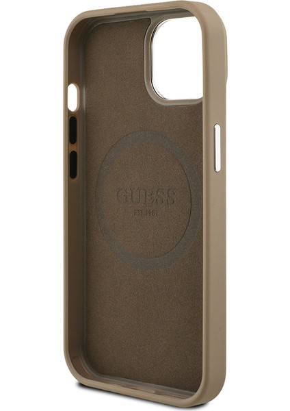 Apple iPhone 15 Kılıf Guess Orjinal Lisanslı M-Safe Şarj Özellikli Grained Triangle Kapak Kahverengi indirimleri