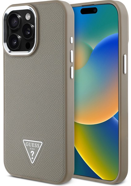 Apple iPhone 15 Pro Max Kılıf Guess Lisanslı M-Safe Şarj Özellikli Grained Triangle Kapak Kahverengi