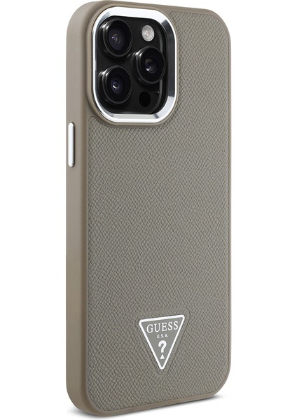 Apple iPhone 14 Pro Max Kılıf Guess Lisanslı M-Safe Şarj Özellikli Grained Triangle Kapak Kahverengi modelleri
