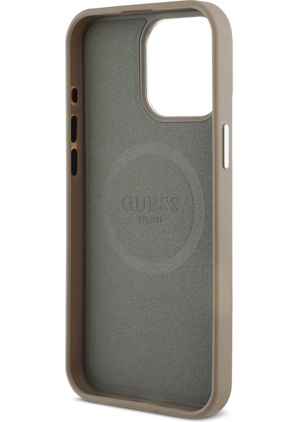 Apple iPhone 14 Pro Max Kılıf Guess Lisanslı M-Safe Şarj Özellikli Grained Triangle Kapak Kahverengi indirimleri
