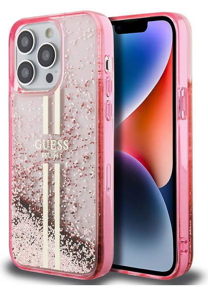 Apple iPhone 14 Pro Max Kılıf Guess Lisanslı Transparan Sıvılı Simli Altın Çizgili Kapak Pembe