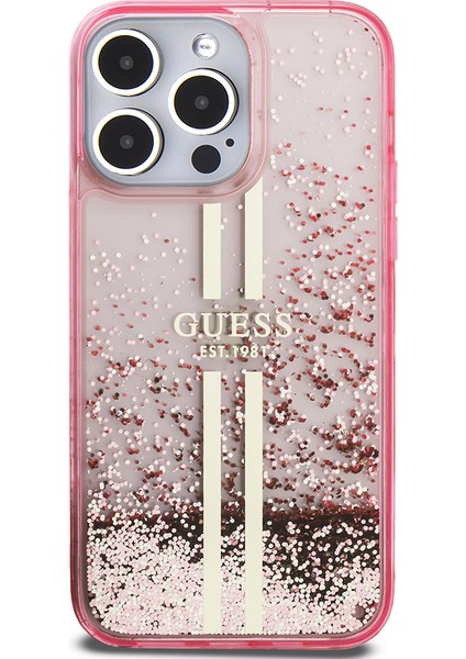 Apple iPhone 14 Pro Max Kılıf Guess Lisanslı Transparan Sıvılı Simli Altın Çizgili Kapak Pembe fiyatları